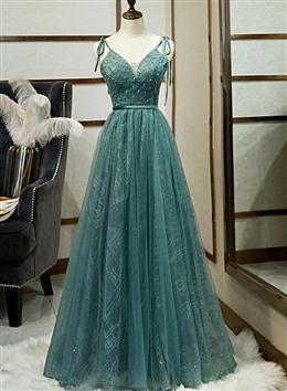 Picture of Green Straps V-neckline Floor Length Party Dresses, Simple Junior Prom Dress